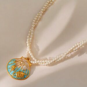 Pearl Necklace with Sea Shell Pendant – Gold Tone Ocean Medallion Necklace